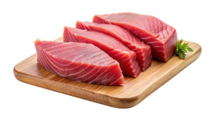 Fresh Sashimi Grade Tuna Steaks on Wooden Cutting Board Ready for Sushi