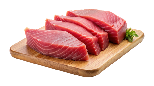 Fresh Sashimi Grade Tuna Steaks on Wooden Cutting Board Ready for Sushi