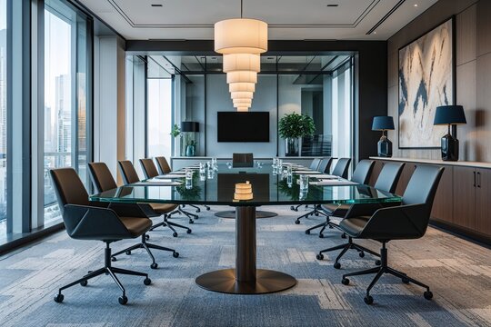 Modern Conference Room Featuring Long Glass Table Contemporary Chairs and Digital Monitor for Effective Business Collaborations