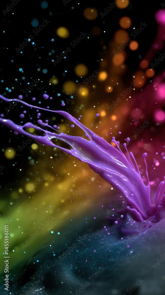 Poster vibrant purple fluid in motion against a colorful bokeh background with sparkling highlights, creati