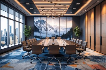 Fototapeta premium Versatile Open-Concept Corporate Conference Room with Customizable Wall Design and Expansive Layout