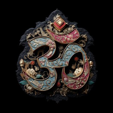 Intricate mandala design featuring ornate floral om symbol on black background