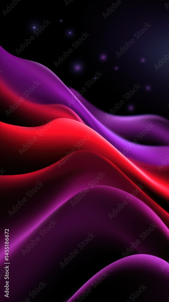 Poster abstract flowing shapes with red and purple gradients in a wavy pattern against a black backdrop wit