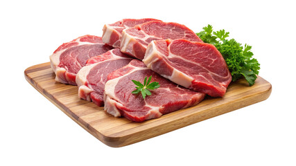 Raw Beef Steaks on Wooden Cutting Board with Fresh Parsley Garnish Delicious Red Meat Cuts