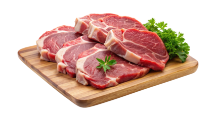 Raw Beef Steaks on Wooden Cutting Board with Fresh Parsley Garnish Delicious Red Meat Cuts