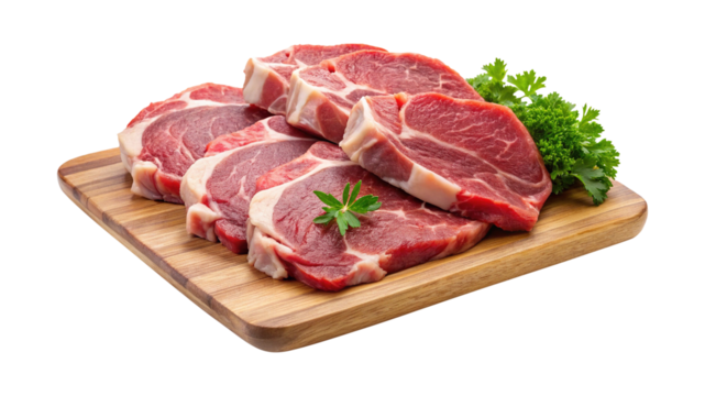 Raw Beef Steaks on Wooden Cutting Board with Fresh Parsley Garnish Delicious Red Meat Cuts