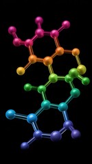 Molecular structure with colorful atoms and transparent bonds on a black background depicting science, healthcare or chemistry