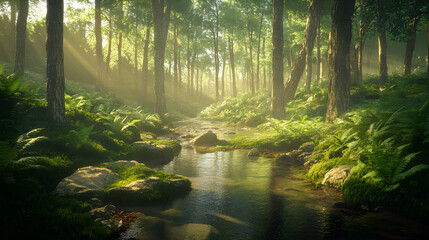 Obraz premium Nature's Tranquil Symphony: A Serene Creek in a Lush, Sunlit Forest Oasis