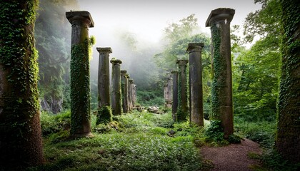 ancient stone columns overgrown by lush greenery in a serene forest setting