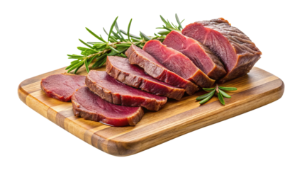 Delicious Slices of Smoked or Cured Meat on Wooden Cutting Board with Rosemary