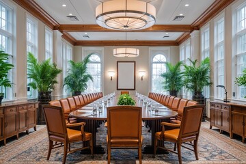 Fototapeta premium Spacious Bright Conference Room with Elegant Wood Furnishings and Lively Indoor Plants