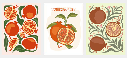 Set of three decorative pomegranate illustrations in flat modern boho style. Whole fruits, halves with seeds and green leaves. Perfect for print, packaging or kitchen decor. Vector illustration .