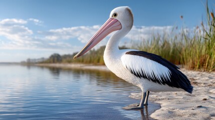 Pelican by the water: majestic bird posing on sandy beach near lake