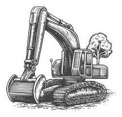 Vintage Engraving of Excavator with Tree in Black and White Art Style