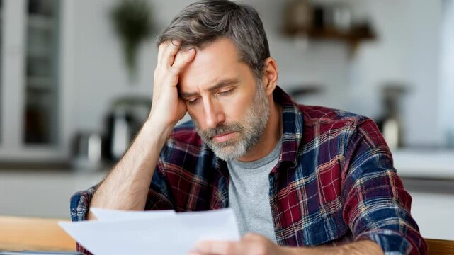 Very concerned mature man looking at a letter (could be a final payment bill, lay off news or bad news in general) sitting at his home living room table