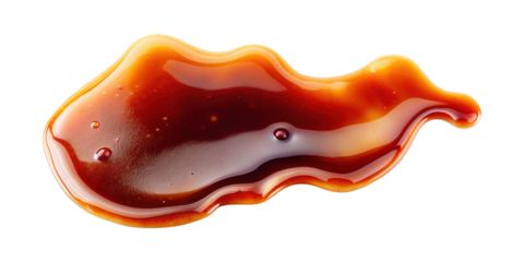 A Detailed Closeup of a Caramel Sauce Spill Isolated on transparent background Showing its Rich Brown Color and Glossy Texture