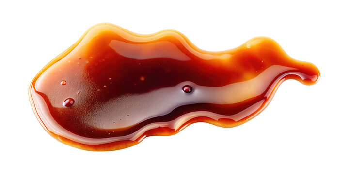 A Detailed Closeup of a Caramel Sauce Spill Isolated on transparent background Showing its Rich Brown Color and Glossy Texture