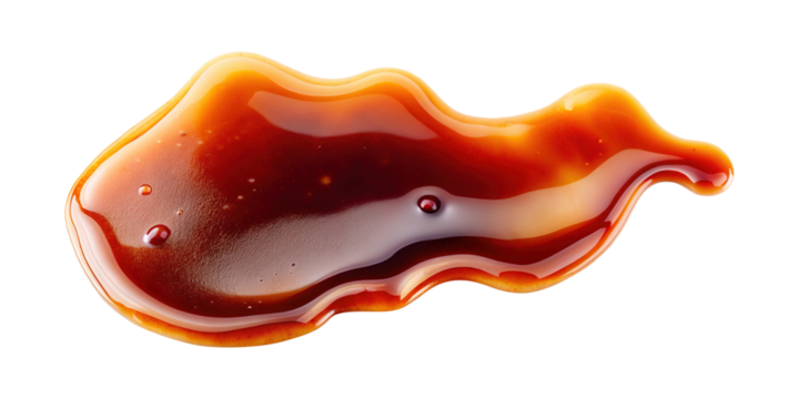 A Detailed Closeup of a Caramel Sauce Spill Isolated on transparent background Showing its Rich Brown Color and Glossy Texture