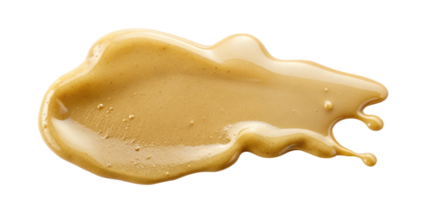 Abstract image of a golden brown liquid spill or splash isolated on transparent background showing texture and fluidity