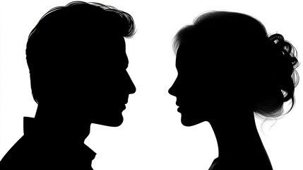 Silhouette of male and female facing each other against white background