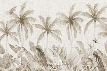 Soft Watercolor Palm Tree Landscape Illustration, Gentle Neutral Tone Tropical Scene for Wallpaper and Interior Decor, WALLPAPER, MURAL   © csinie1