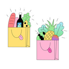 Grocery shopping bags with food and fruits in colorful style