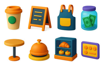 3D icon set of coffee shop items: takeaway cup, menu board, barista apron, tip jar, café table, order bell, pastry display, loyalty card.