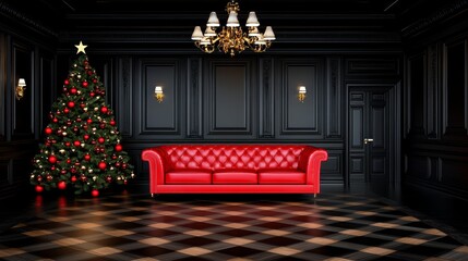 Elegant living room with red sofa and christmas tree in luxurious dark setting