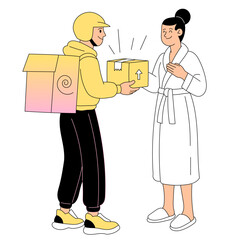 Delivery person handing package to woman at home