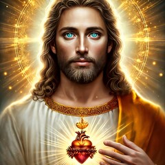Close-up of Jesus with glowing sacred heart and divine aura