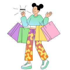 Happy woman holding credit card and shopping bags with smile