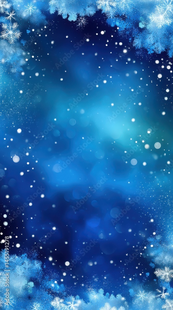 Poster a winter background with snowflakes and fir tree branches forming a frame against a blue blurred bac