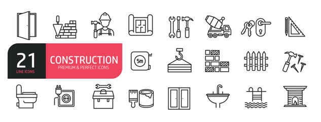 Set of line icons related to building materials, tools, worker, sanitary, architecture. Outline icons collection. Editable stroke. Vector illustration.