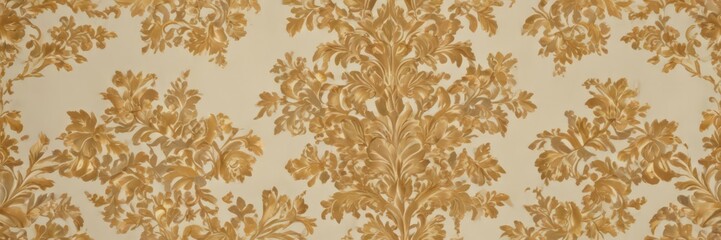 Intricate gold floral damask, opulent cream fabric closeup, satin, close-up