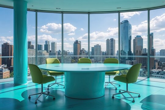 Modern Indoor Aqua Presentation Room with Elliptical Table and Chic Seating Overlooking Urban Cityscape