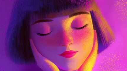 Naklejka premium Serene moment portrait of young asian female with short hair in vibrant colors