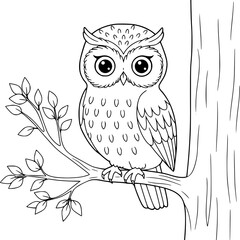 drawing illustration of owl sitting on a branch. coloring book for kids