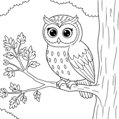 drawing illustration of owl sitting on a branch. coloring book for kids
