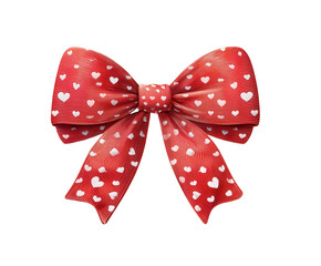 Colorful red bow with white hearts, perfect for gifts or festive decorations, isolated on a transparent background, ideal for use in celebrations and special occasions
