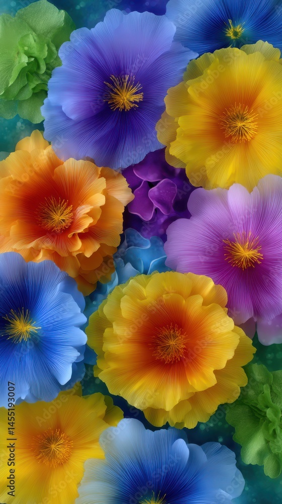 Poster a vibrant array of fantasy flowers creates a colorful botanical arrangement showcasing a range of hu