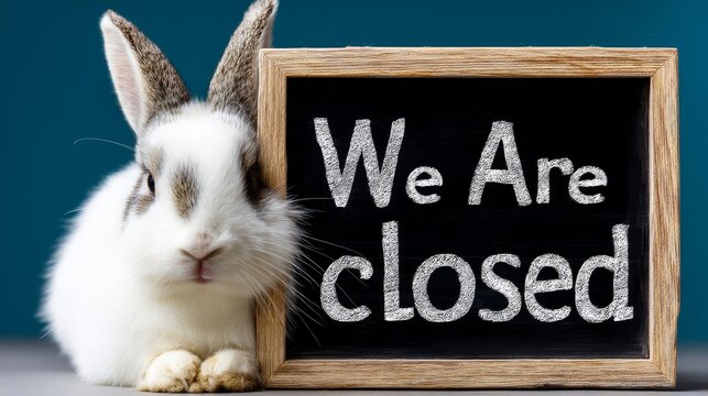Cute rabbit with closed sign on blackboard against blue background