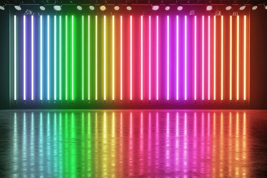 Rainbow neon lights create a vibrant, colorful, and reflective space.  Vertical neon tubes in a spectrum of colors, mirrored on a glossy floor, give an eye-catching ambiance