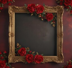 Deep red roses & gold leaf frame, aged finish ,  stylish,  retro style,  aesthetic