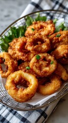Golden, crispy fried calamari rings garnished with chopped green onions served in a metallic basket, presented on a checkered napkin.
