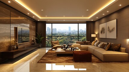 Modern, spacious living room with city views.  A sophisticated, warm design