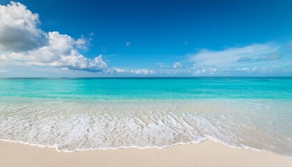 Fototapeta premium tropical sea sand sky closeup beach scene idyllic peaceful horizon calm waves seascape beautiful beach with white sand turquoise ocean and sunny sky clouds in sunny day summer travel vacations