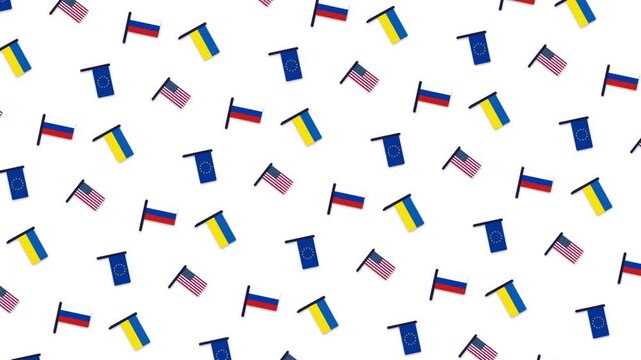 Animated pattern of EU, US, Russian, and Ukrainian flags rotating diagonally over a white background, representing shifting global dynamics and complexity of international relations.