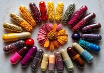 Organic herbal capsules in various colors arranged in radial floral style over neutral background showing natural supplement therapy concept in alternative health design image