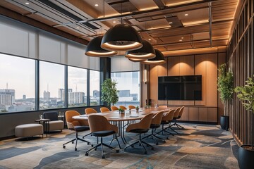 Fototapeta premium Innovative Collaboration Space Design for Meetings and Conferences Featuring Modern Indoor Furnishings and Layout