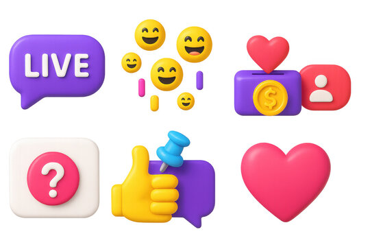 3D icon set of livestream interactions: live chat bubble, emoji rain, donation pop-up, viewer count, question card, reaction emoji, pinned message, thank you icon.
